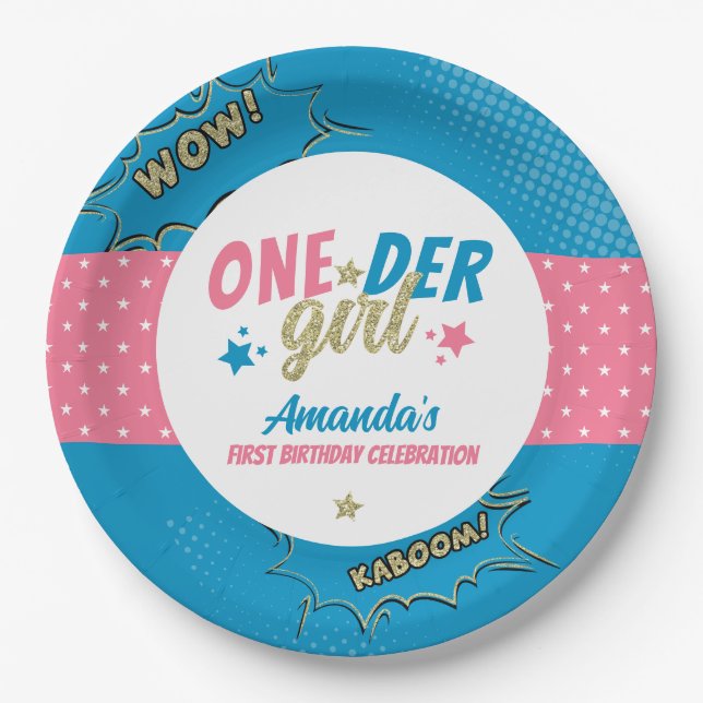 Assiettes En Carton Onder Girl rose et bleu Premier anniversaire (Devant)