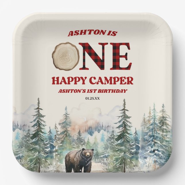 Assiettes En Carton ONE Happy Camper Bear Rouge 1er anniversaire fête (Recto)