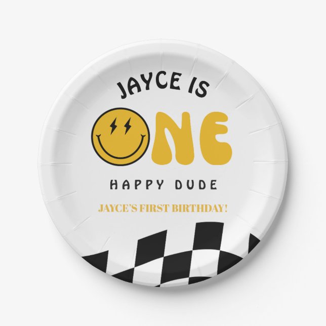 Assiettes En Carton One Happy Dude 1st Birthday Checkered Paper Plates (Devant)