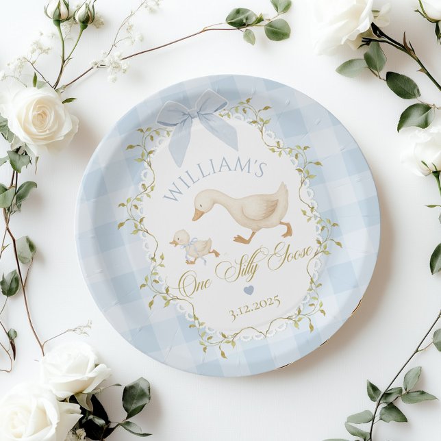 Assiettes En Carton One Silly Goose Blue Gingham Boy 1st Birthday (Créateur téléchargé)