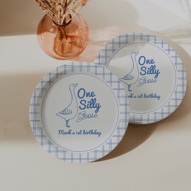 Assiettes En Carton One Silly Goose Blue Hand Drawn Boy 1st Birthday (Créateur téléchargé)