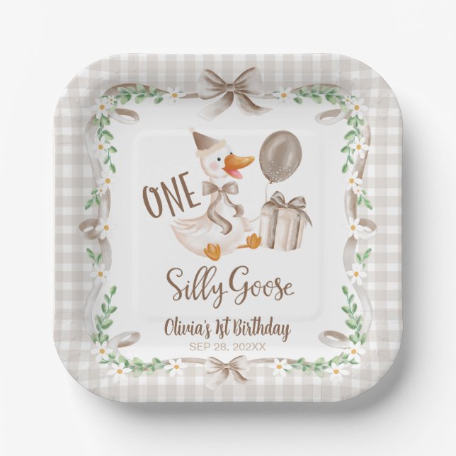 Assiettes En Carton One Silly Goose Brown Bow 1st Birthday (Recto)
