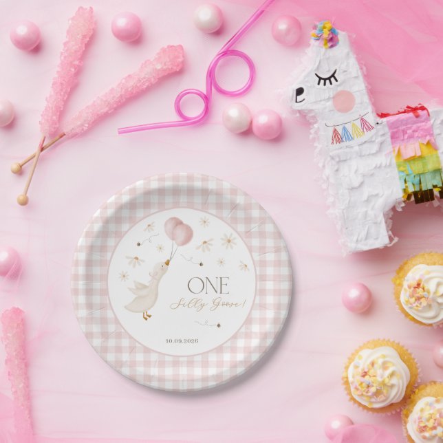 Assiettes En Carton One Silly Goose Girls 1st Birthday Pink Gingham (Fête)