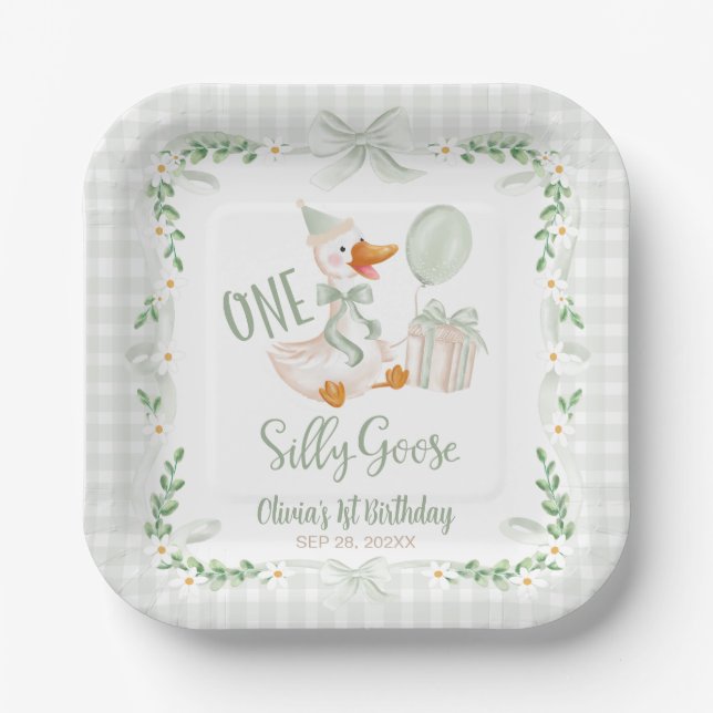 Assiettes En Carton One Silly Goose Green Bow Floral 1st Birthday (Recto)