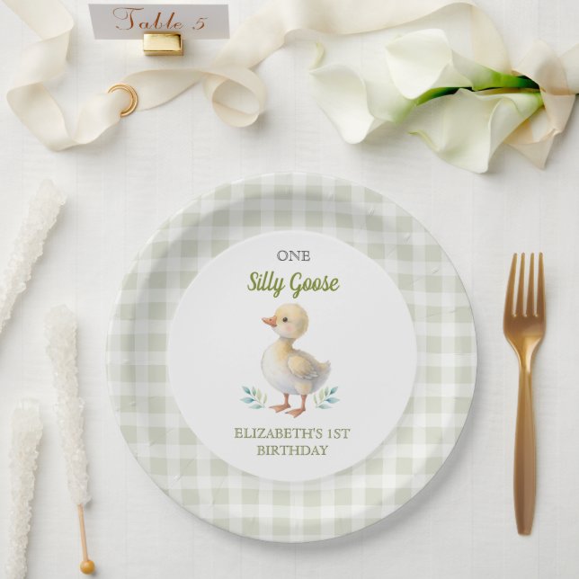 Assiettes En Carton One Silly Goose Green Gingham Baby First Birthday (Mariage)