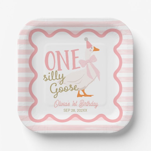 Assiettes En Carton One Silly Goose Pink Bow 1st Birthday (Recto)