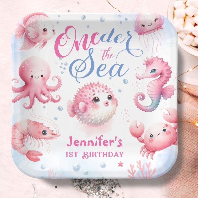 Assiettes En Carton ONEder La Mer 1er Anniversaire Filles rose mignonn (Créateur téléchargé)