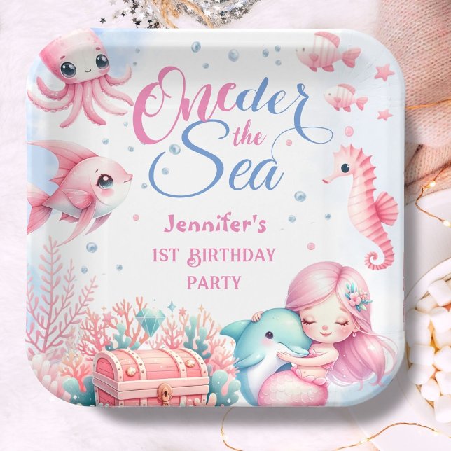 Assiettes En Carton ONEder The Sea ! Petite Sirène rose 1er anniversai (Créateur téléchargé)
