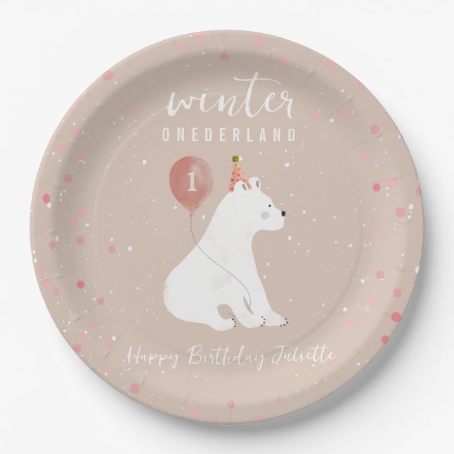 Assiettes En Carton Onederland Pink Polar Bear 1er anniversaire (Devant)