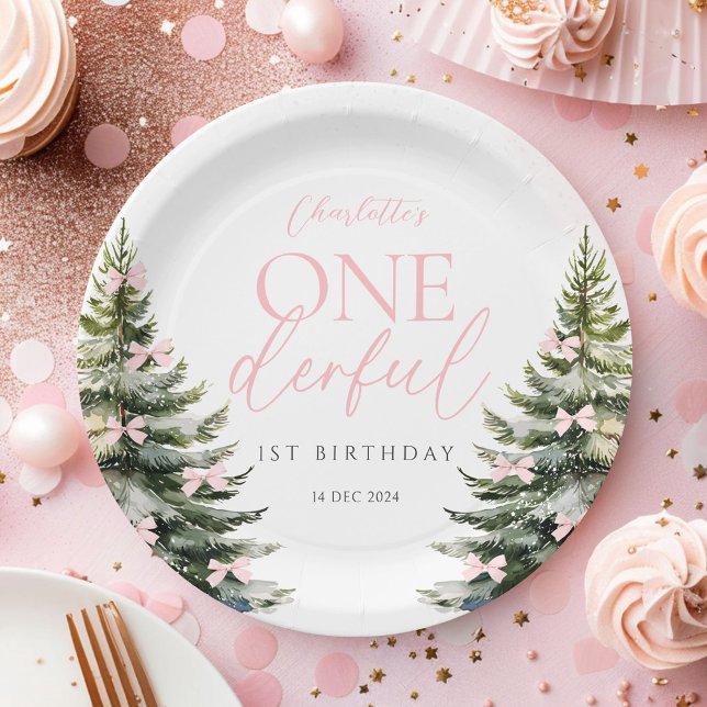 Assiettes En Carton Onederland Winter Pink Bow 1st Birthday (Créateur téléchargé)
