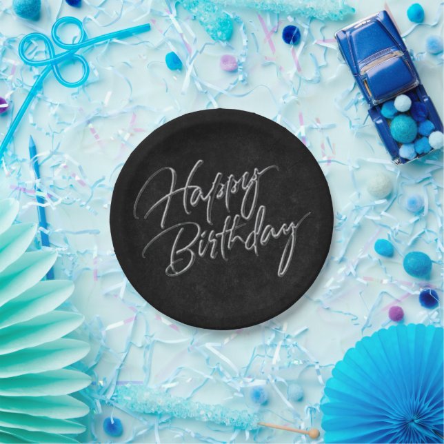 Assiettes En Carton Onyx Black Velvet | Grunge Happy Birthday Script (Fête)
