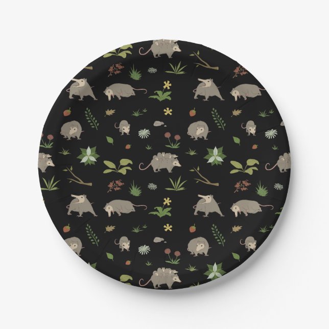 Assiettes En Carton Opossum dans un champ de Berry en noir (Devant)