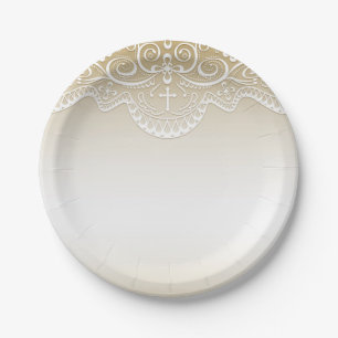 Assiettes En Carton Or avec la dentelle, croix, religieuse