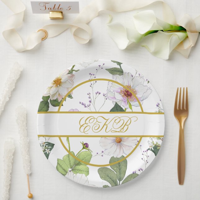 Assiettes En Carton Or Blanc Floral Élégant Monogramme moderne (Mariage)
