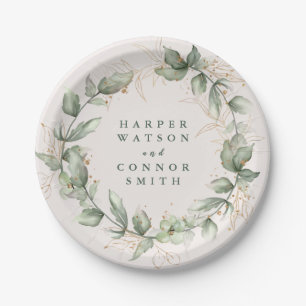 Assiettes En Carton Or Botanique Eucalyptus Élégant Verdure Moss