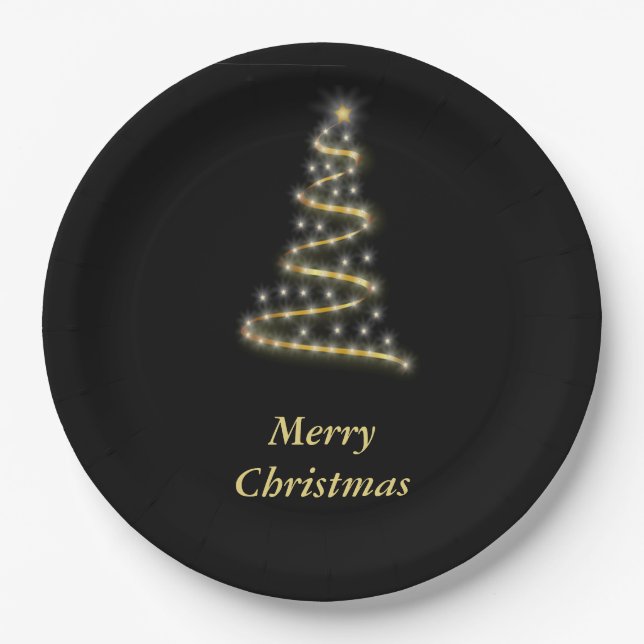 Assiettes En Carton Or brillant sapin de Noël noir (Devant)