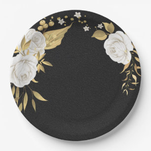 Assiettes En Carton or de fleur blanche feuilles noir