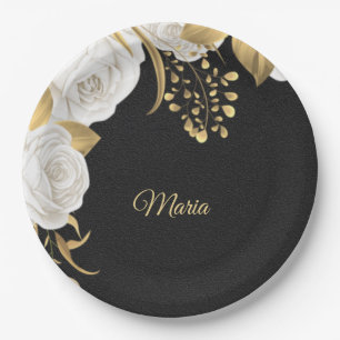 Assiettes En Carton or de fleur blanche feuilles noir