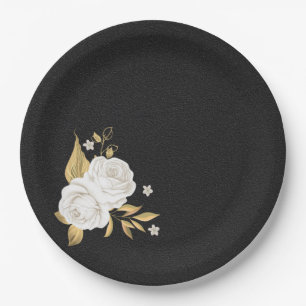Assiettes En Carton or de fleur blanche feuilles noir
