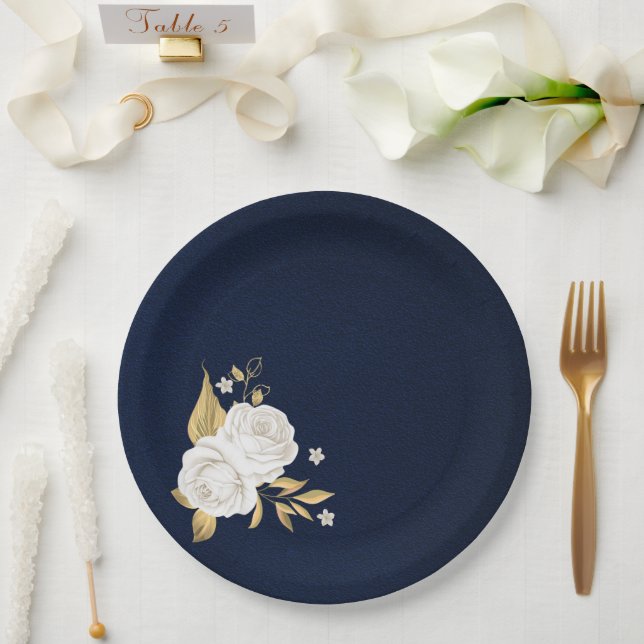 Assiettes En Carton or de fleur blanche marine feuille bleu (Mariage)