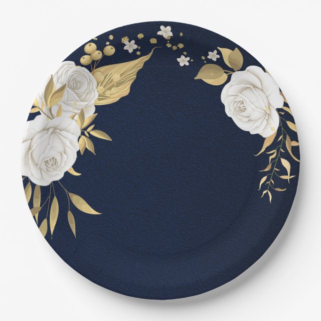 Assiettes En Carton or de fleur blanche marine feuille bleu (Devant)