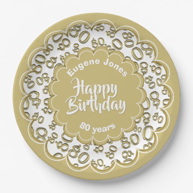 Assiettes En Carton Or de joyeux anniversaire quatre-vingtième et (Devant)