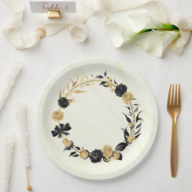 Assiettes En Carton or élégant et floral noir (Mariage)