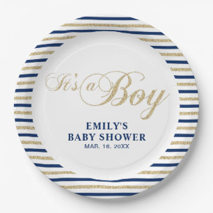 Assiettes En Carton Or et marine   Plaque de Baby shower moderne