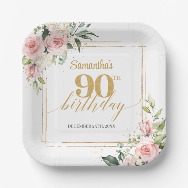 Assiettes En Carton Or eucalyptus floral roux tendance 90e anniversair (Recto)