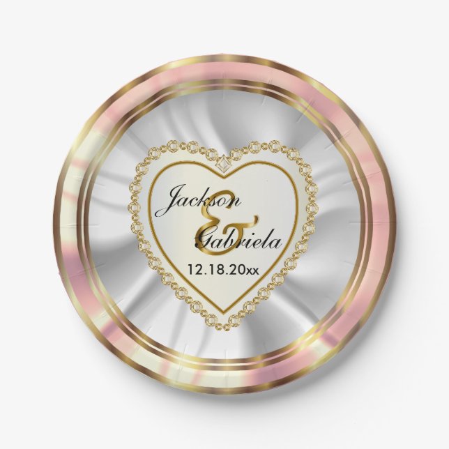 Assiettes En Carton Or & Faux Diamant & Rose Mariage ou anniversaire (Devant)