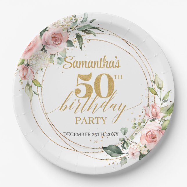 Assiettes En Carton Or floral rose boho moderne 50e anniversaire (Devant)