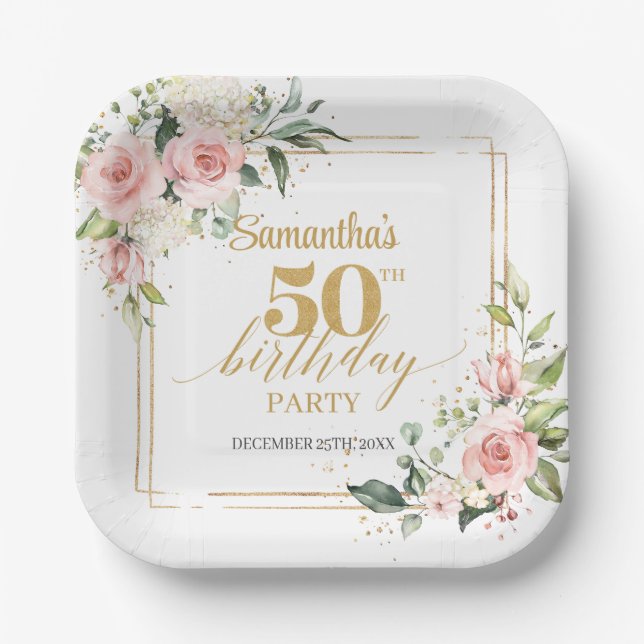 Assiettes En Carton Or floral rose boho moderne 50e anniversaire (Recto)