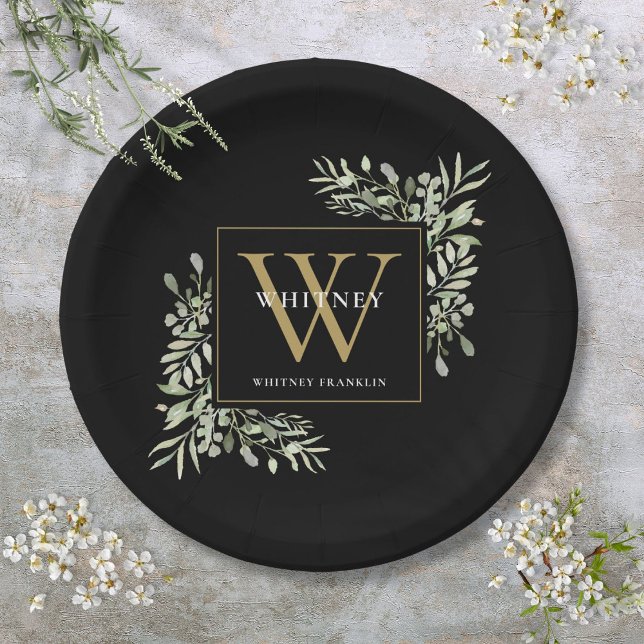 Assiettes En Carton Or Monogramme Élégant Moderne Verdure (Black Gold Monogram Elegant Modern Greenery Paper Plates)