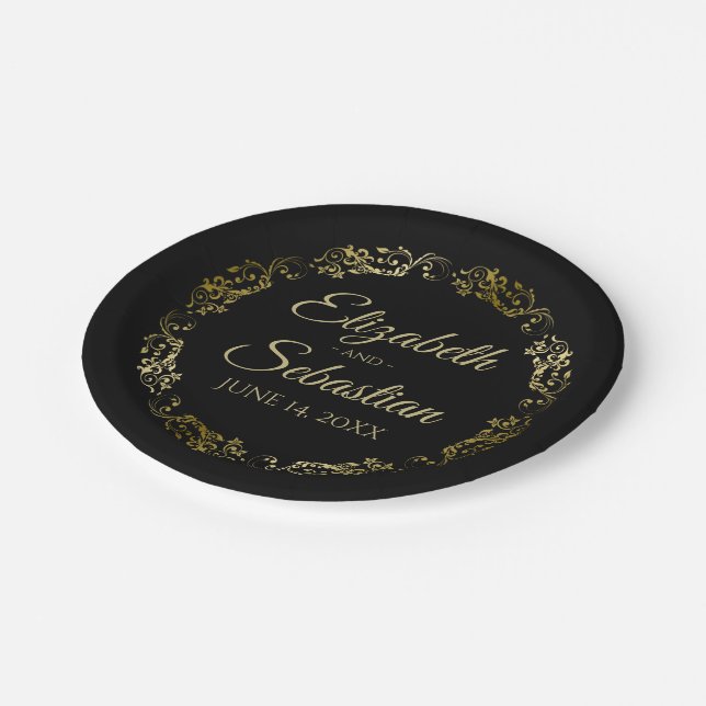 Assiettes En Carton Or sur noir Elegant Floral Filigree Mariage (Angle)