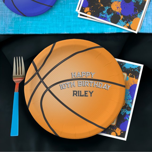 Assiettes En Carton Orange Basketball Joyeux Anniversaire Nom (Créateur téléchargé)