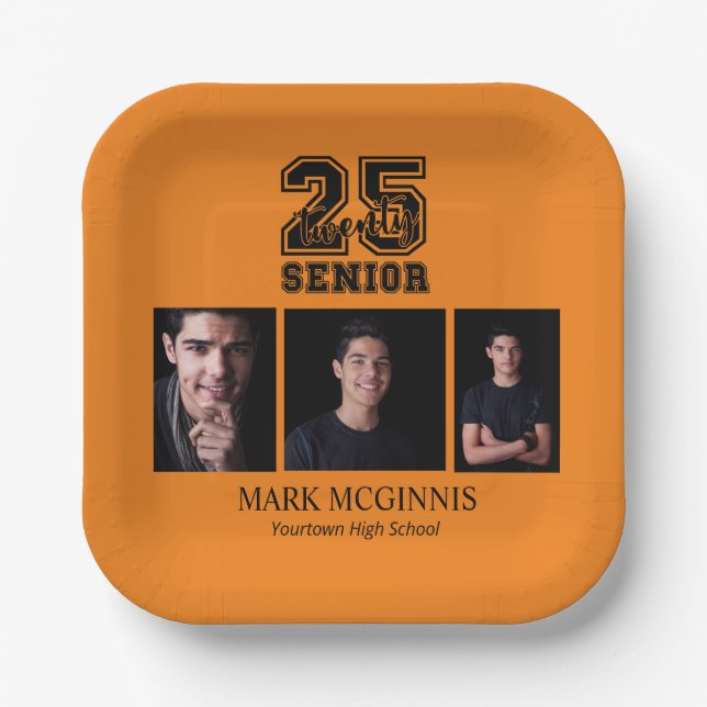 Assiettes En Carton Orange Black Class 2025 Graduation Photo (Recto)