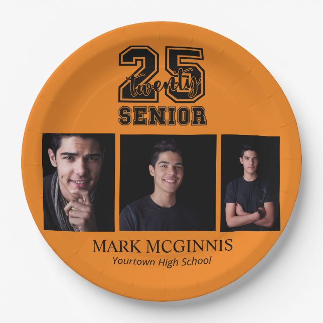 Assiettes En Carton Orange Black Class 2025 Graduation Photo (Devant)