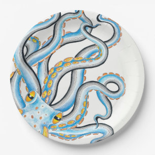 Assiettes En Carton Orange bleu octopus funky