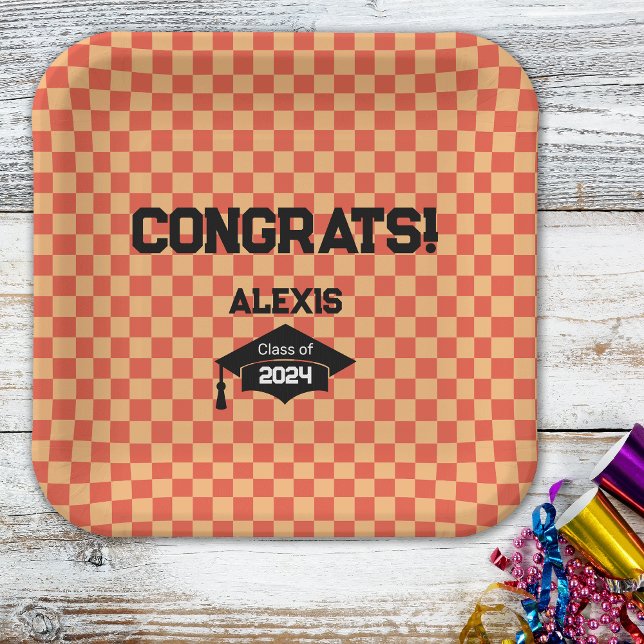 Assiettes En Carton Orange Checkerboard Graduation Party (Créateur téléchargé)