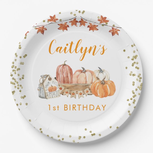 Assiettes En Carton Orange Citrouille Patch Automne Anniversaire (Devant)