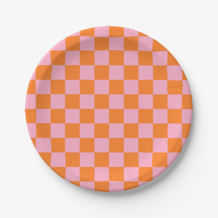 Assiettes En Carton Orange et rose Checkered