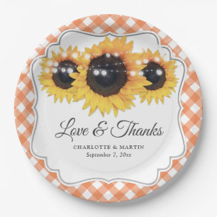 Assiettes En Carton Orange Gingham Sunflower Love and Thanks Wedding