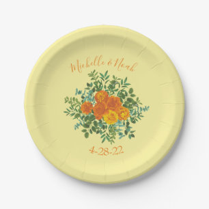 Assiettes En Carton Orange & Jaune clair Peony & Rose Floral Mariage