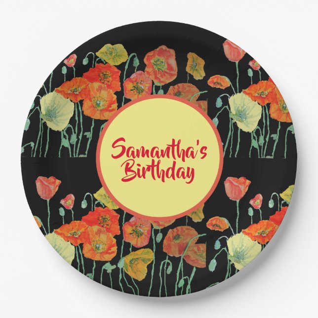 Assiettes En Carton Orange Jaune Poppies Black Poppies Fleur Anniversa (Devant)