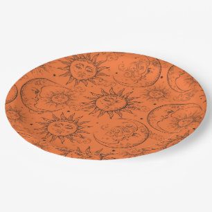 Assiettes En Carton Orange Magique Vintage Céleste Soleil Lune Étoiles