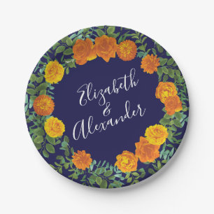 Assiettes En Carton Orange Navy Blue Peony & Rose Floral Mariage