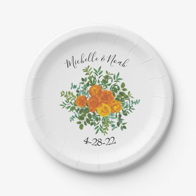 Assiettes En Carton Orange Peony & Rose Floral Mariage (Devant)
