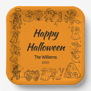 Assiettes En Carton Orange Quirky Doodles Dessiné Main Happy Halloween