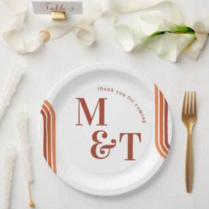 Assiettes En Carton Orange Rétro Rayures Soixante-Dix   Monogramme de 