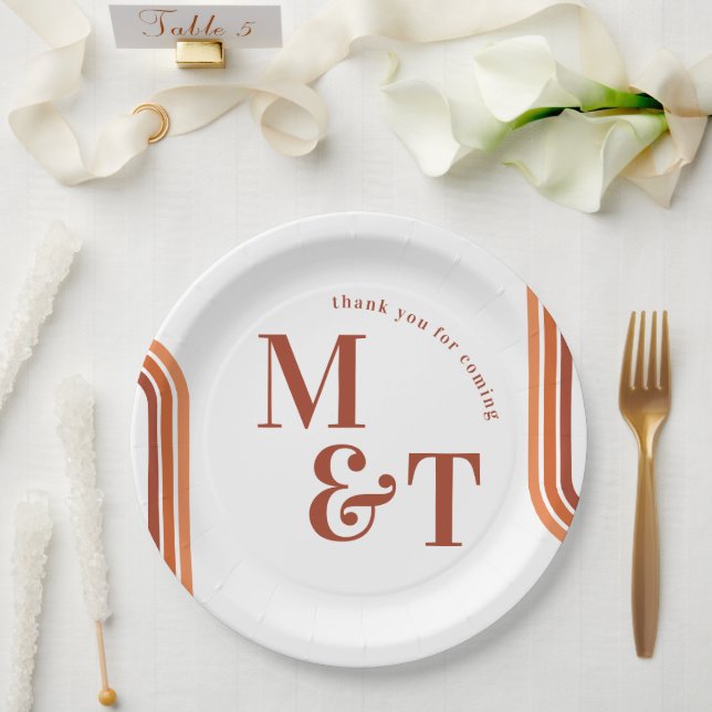 Assiettes En Carton Orange Retro Seventies Stripes | Monogramme Mariag (Mariage)